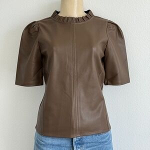 Ann‎ Taylor Brown Faux Leather Puff Sleeve Blouse Ruffle Neck Vegan Leather XSP